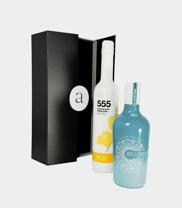 Terraverne 555 Recuérdame arbequina organic olive oil gift bottle